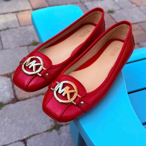 WOMENS MICHAEL KORS FULTON - SAFFIANO GOLD LOGO - RED MOCCASIN FLATS - US SIZE 7