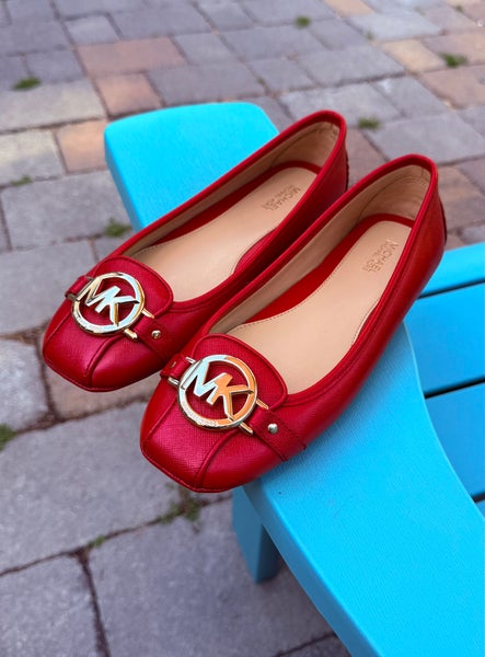 WOMENS MICHAEL KORS FULTON - SAFFIANO GOLD LOGO - RED MOCCASIN FLATS - US SIZE 7