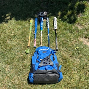 A Rawlings glove, a eastonspeed, a Rawlings, a DeMarini and two wooden bats