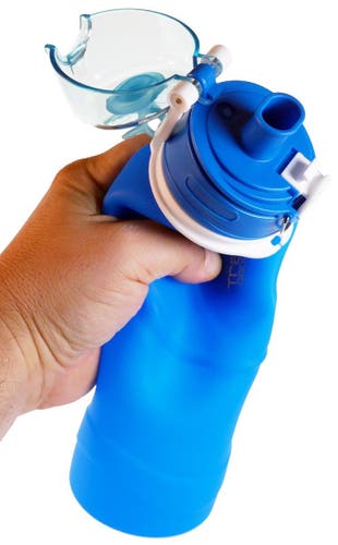 COLLAPSIBLE 1L 35oz blue Silicone Water Bottle LEAK PROOF VALVE BPA-Free