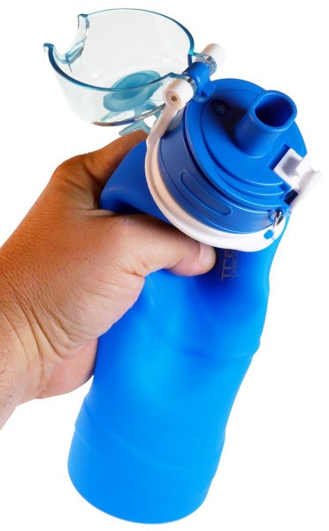 COLLAPSIBLE 1L 35oz blue Silicone Water Bottle LEAK PROOF VALVE BPA-Free