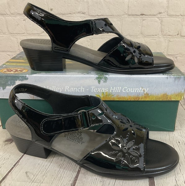 SAS 2270-086 Women's SUNBURST Leather Heel Strap Sandals Black Patent US 8.5 N