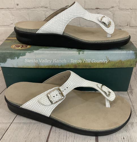 SAS 2156-212 Womens SANIBEL-C Leather T-Strap Slide Sandal White Snake US 10.5 M