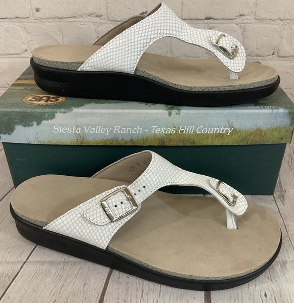SAS 2156-212 Womens SANIBEL-C Leather T-Strap Slide Sandal White Snake US 10.5 M