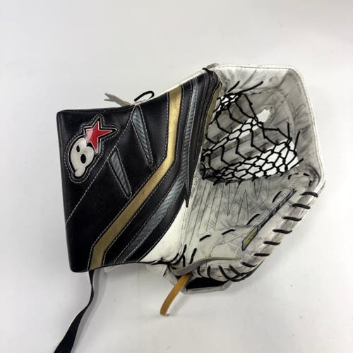 Used White/Black/Gold VGK Knights Brians Optik 2 Goalie Glove | Lehner | B621