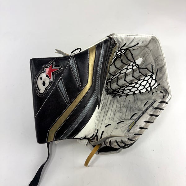 Used White/Black/Gold VGK Knights Brians Optik 2 Goalie Glove | Lehner | B621