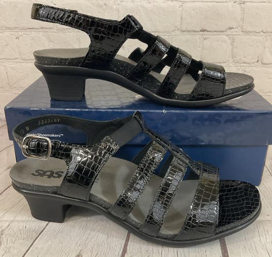 SAS 2360-181 Women's ALLEGRO Leather Heel Strap Sandals Black Croc US 8.5 N