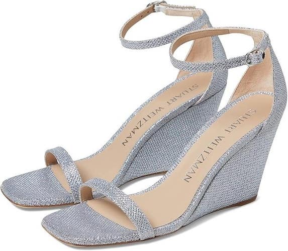 Stuart Weitzman Nudistcurve 85 Sandals Womens US 10 Silver Wedge Heel PQ575