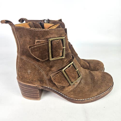 Frye Sabrina Double Buckle Brown Suede Leather Boots Zip Womens Size: 9M