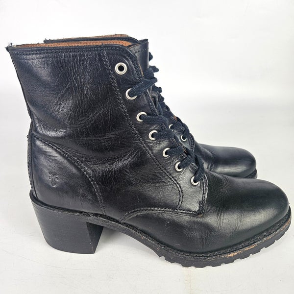 FRYE Sabrina Lace Black Leather Vibram Combat Heel Ankle Boots Women's Size 9.5M
