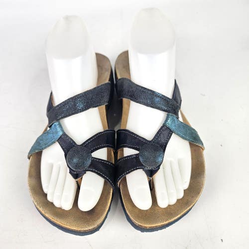 Think! Blue Metallic Leather Sandals Thong Flip Flop Cork Slide Size: 9