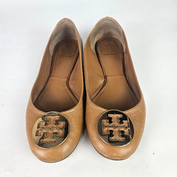 TORY BURCH Womens Reva Brown Leather Gold Logo Ballet Flats Size 11M