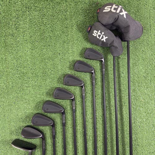 Stix Black Golf Set 3 Wood 4 Hybrid 5-PW 52 Wedge Putter Stiff Flex -1 Short