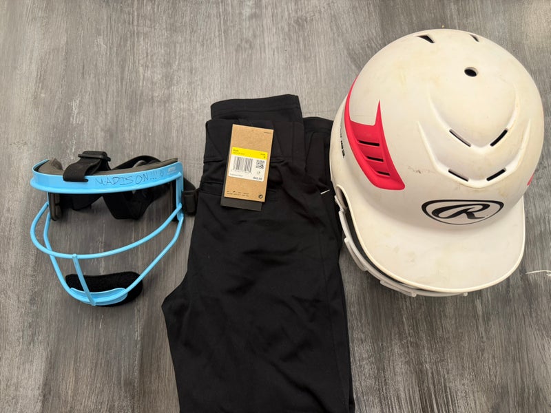 Medium Rawlings Batting Helmet/ Rip It Fielding Mask/ Nike Pants (Used)