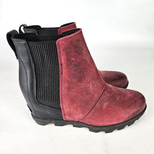 SOREL Joan Of Arctic Wedge Red Black Leather Chelsea Boots Womens Size 7
