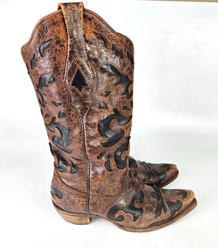 Corral Saddle Leather Laser Cut Inlay Brown Leather Western Boots Womens Size 7M