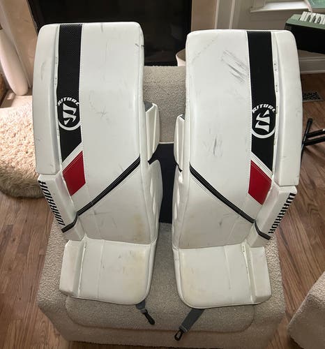 Warrior R/G5 SR+ Hockey Goalie Leg Pads White/Black/Red 33”+1.5