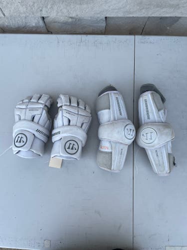 White Warrior Burn Lacrosse Gloves Large and Elbow Pads Medium (Used)