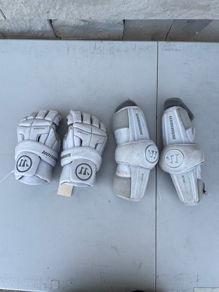 White Warrior Burn Lacrosse Gloves Large and Elbow Pads Medium (Used)