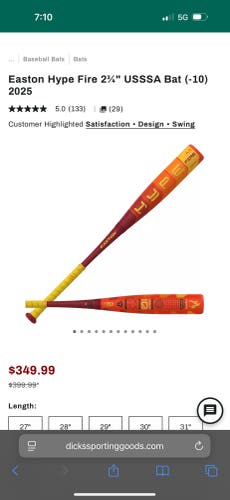 2025 Easton Hype Fire USSSA Certified Bat (-5) Composite 31"