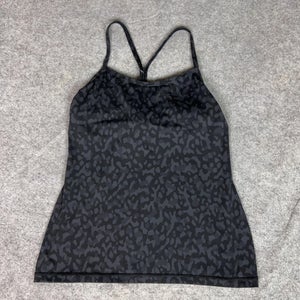Lululemon Tank Top Womens 10 Black Gray Print Power Y Built In Bra Yoga Workout