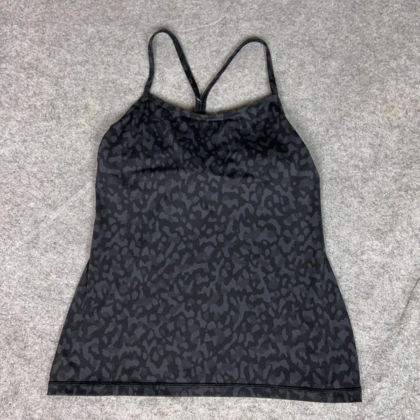 Lululemon Tank Top Womens 10 Black Gray Print Power Y Built In Bra Yoga Workout