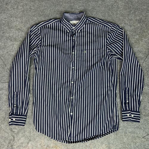 Lacoste Shirt Mens 40 Medium Blue White Striped Preppy Alligator Work Top Logo