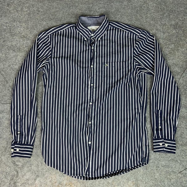 Lacoste Shirt Mens 40 Medium Blue White Striped Preppy Alligator Work Top Logo