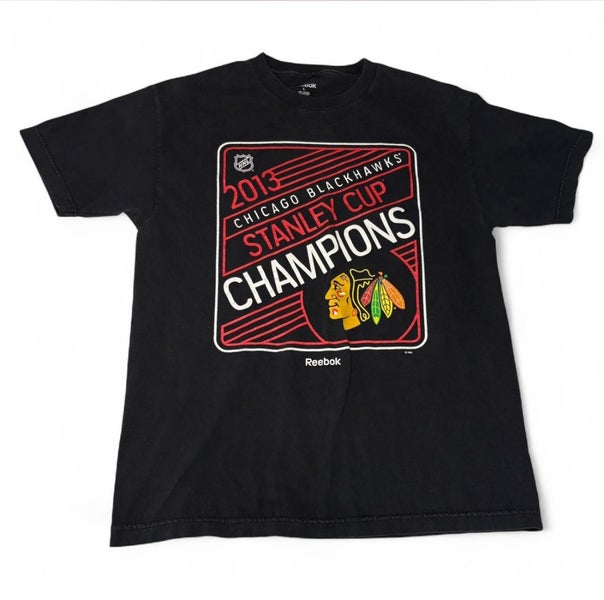 CHICAGO BLACKHAWKS SIZE LARGE BLACK 2013 STANLEY CUP CHAMPIONS SHORT SLEEVE SHIRT REEBOK NHL
