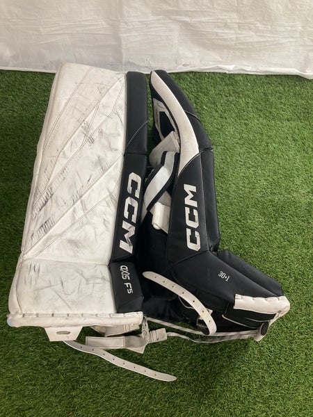 White 30" Junior CCM Axis F5 Goalie Leg Pads (Used)