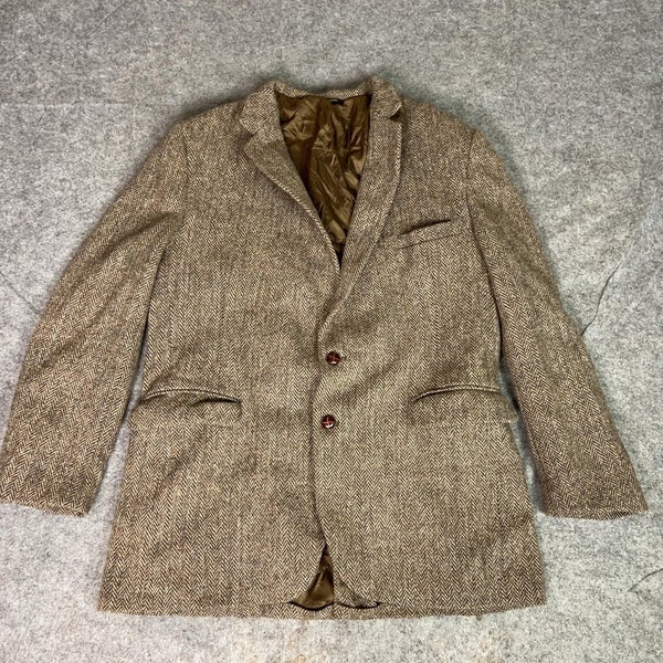 Vintage Harris Tweed Blazer Mens 42 Herringbone Wool Elbow Patch Jacket 90s