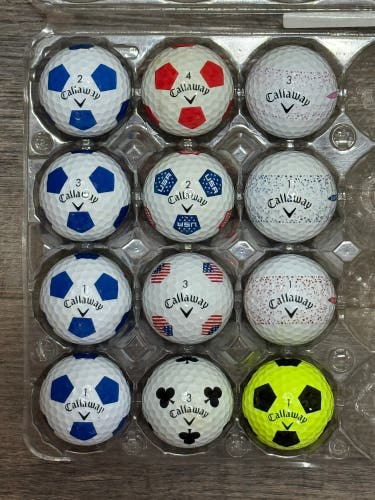 12 Callaway ERC Soft, Chrome Soft, Supersoft Golf Balls; Truvis TruTrack Design