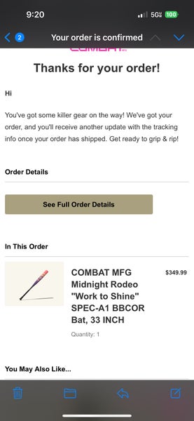 Combat MFG Spec A1 Alloy BBCOR Certified Bat (-3) 30 oz 33" (New)