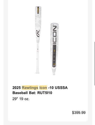 2025 Rawlings Icon Composite USSSA Certified Bat (-10)  19 oz 29" (Used)