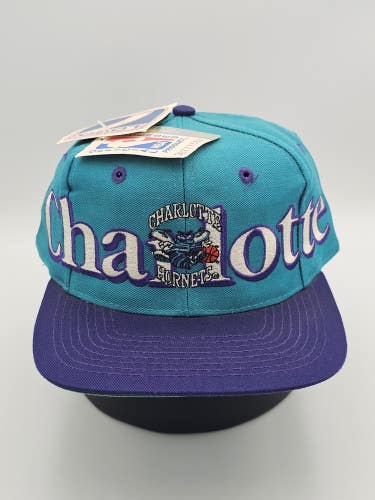 NEW Vintage Charolette Hornets 1990s NBA Sports Logo 7 Spellout Hat Vtg Snapback