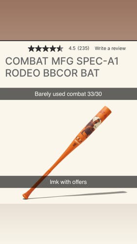 2025 Combat MFG Spec A1 Alloy BBCOR Certified Bat (-3) 30 oz 33" (Used)