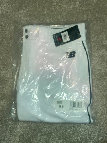 New Balance Men’s XL BMP316 baseball pants, white with black stripe.