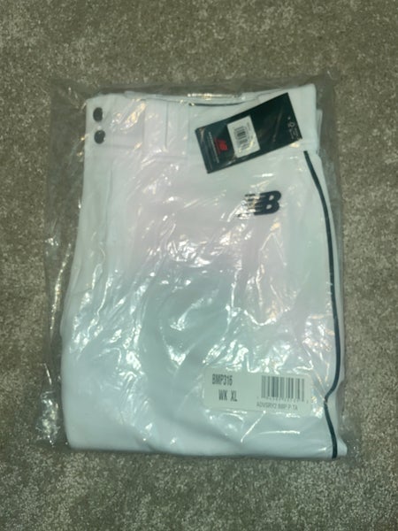 New Balance Men’s XL BMP316 baseball pants, white with black stripe.
