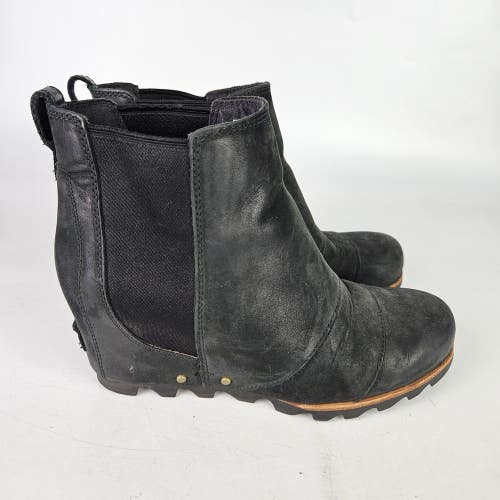 Sorel Lea Wedge Chelsea Boot Black Quarry Leather Womens 7.5 Pull On Stretch