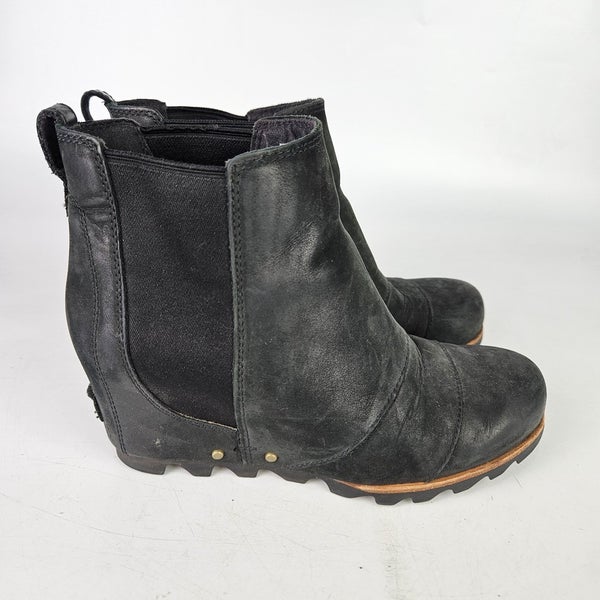 Sorel Lea Wedge Chelsea Boot Black Quarry Leather Womens 7.5 Pull On Stretch