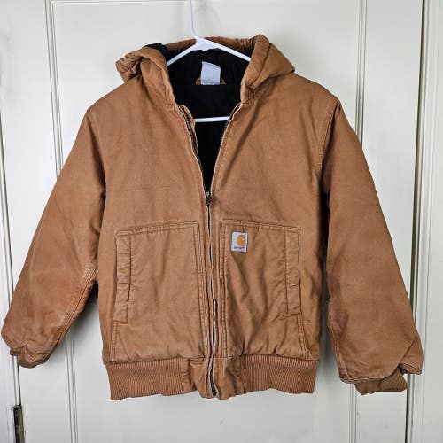 Carhartt Boys Size: M 10-12 Quilted Lined Jacket Brown Workwear Hood Pockets