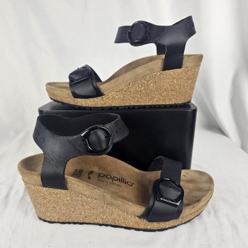 Birkenstock Papillio Soley Ring Buckle Wedge Black Leather Shoes Size 38 / 7