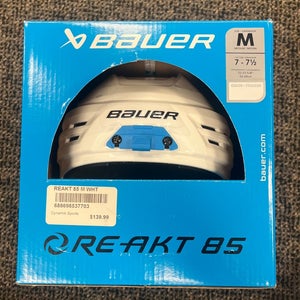 White Medium Bauer Re-Akt 85 Helmet (New) with Profile III True Vision Cage (Used)