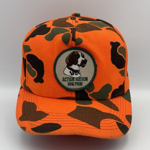 Vintage Action Ration Dog Food Co-Op Orange Camouflage Snapback Hat Camo Rare
