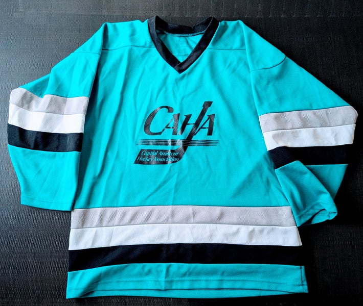 ADULT MENS SMALL TEAL HOCKEY JERSEY WITH BLACK WHITE AND GREY TRIM LIKE NEW