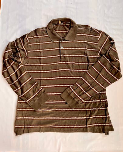 BALLY Brown cotton Long sleeves all over logo stripes Polos Shirt pocket men XL