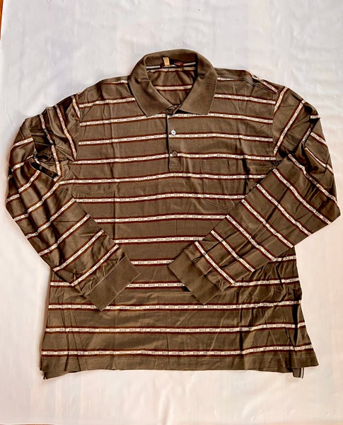 BALLY Brown cotton Long sleeves all over logo stripes Polos Shirt pocket men XL