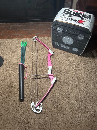 Pink Archery Genesis Original Compound Bow, Right-Hand With 5 Arrows And Quiver, And Target