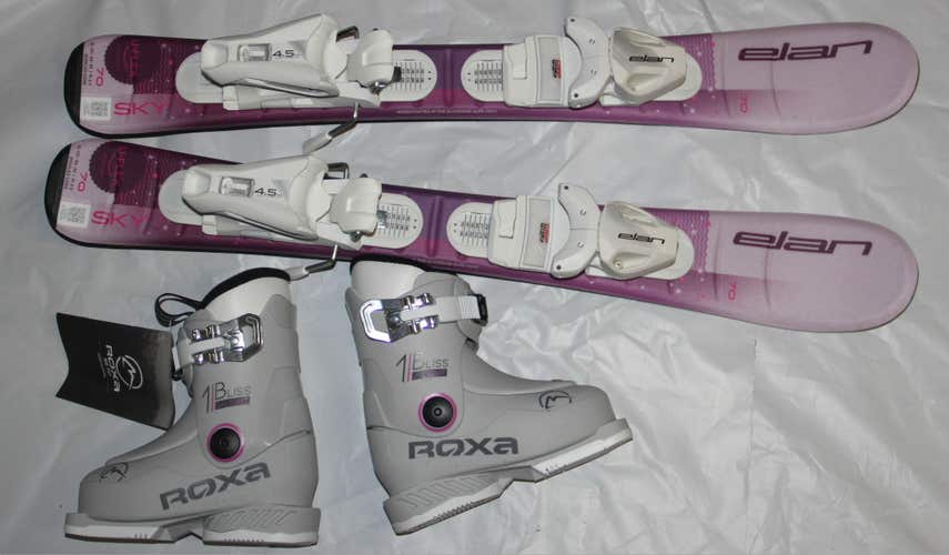 70 cm NEW 2026 ELAN SKY kids skis EL 4.5 size adjustable Bindings and 15.5 Mondo size boots ROXA