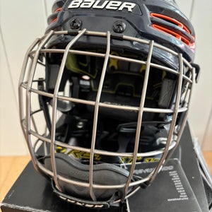 Small Bauer Re-Akt 100 Helmet (New) Navy and Orange with Cage
